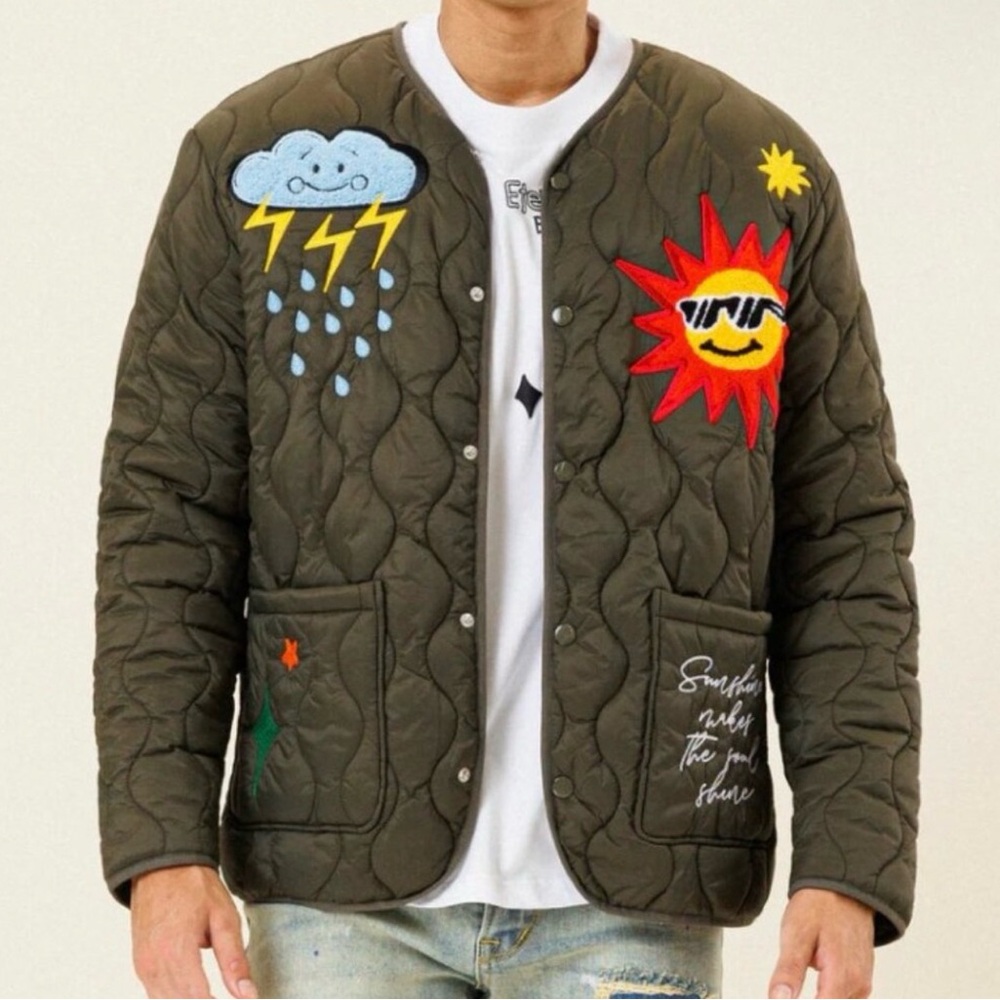 E First Row Men’s Jacket size small Brown and multi-coloured puffer jacke